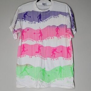 Vintage 90s Tennis Wrap Around AOP Shirt L USA Made Clay Court Champs 1990